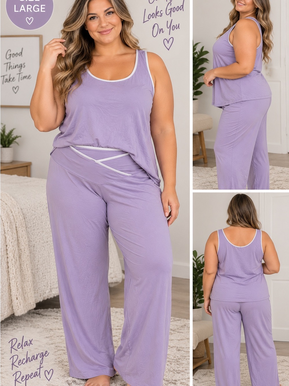 Large Size Lavender Tank & Wide-Leg Pajama Set